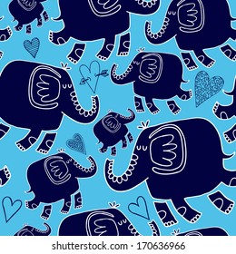 Vector seamless pattern with elephants and hearts