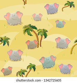 Vector seamless pattern with elephants and palm trees. Cute fat cartoon character. The concept of fun design for clothing and interior. Simple comic animal personage.