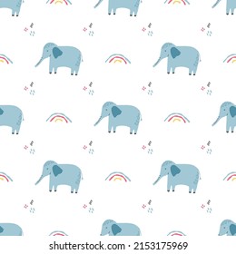 Vector seamless pattern with elephants and rainbows