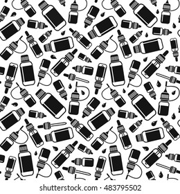 Vector seamless pattern of E-Liquid bottles. Endless background for vape shop and vapor bar, e-cigarette and e-liquid store, isolated on white background. Wrapping paper pattern