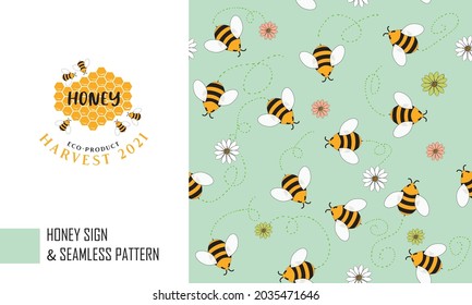 Vector seamless pattern and the emblem of bees and flowers on a green background. Simple cartoon illustration.