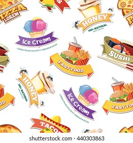 vector seamless pattern with emblems of food illustrations. European, Mexican, Itallian, japan food, ice cream and honey.