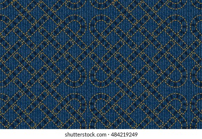 Vector seamless pattern embroidered on blue denim texture background