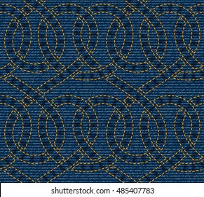 Vector seamless pattern embroidered on blue denim texture background