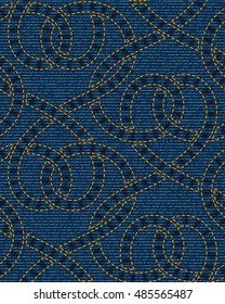 Vector seamless pattern embroidered on blue denim texture background