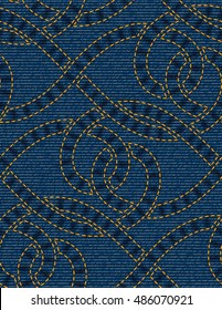 Vector seamless pattern embroidered on blue denim texture background