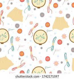 vector seamless pattern. embroidery, colored threads, buttons and needles. seamstress set. embroidery on the hoop