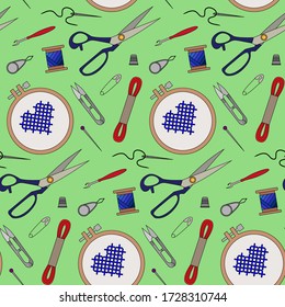vector seamless pattern  of embroidery tool. Embroidery floss. Muline. Doodle sewing tools equipment. Needlework concept. Needles, scissors, yarn, spools, threads. Hand drawn. Cartoon style, flat