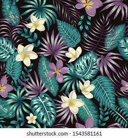 Vector seamless pattern of emerald green tropical leaves with white and purple plumeria flowers on black background. Summer or spring repeat tropical backdrop. Exotic jungle ornament.