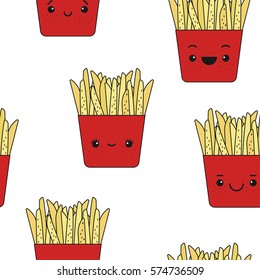 Vector seamless pattern of emotional fries. Fast food with emotions