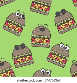 Vector seamless pattern emotional hamburgers. Fun, delicious pattern
