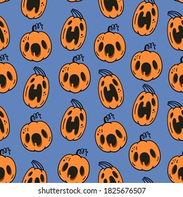 Vector seamless pattern with emotional pumpkins. Background for Halloween. Packaging and fabric design.