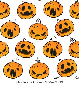 Vector seamless pattern with emotional pumpkins. Background for Halloween. Packaging and fabric design.