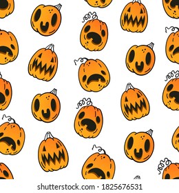 Vector seamless pattern with emotional pumpkins. Background for Halloween. Packaging and fabric design.