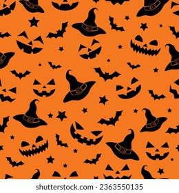 Vector seamless pattern of emotions of pumpkins, witch hats, bats and stars silhouette texture on a black background, repeatable wallpaper on orange color background Scary repeatable halloween texture