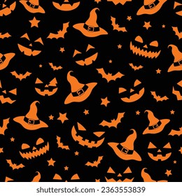 Vector seamless pattern of emotions of pumpkins, witch hats, bats and stars silhouette orange texture on a black background, repeatable wallpaper on orange color background Scary repeatable wallpaper.