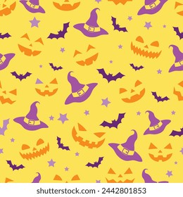 Vector seamless pattern of emotions of pumpkins, witch hats, bats and stars silhouette texture on a black background, repeatable wallpaper on orange color background Scary repeatable halloween texture