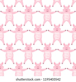 Vector seamless pattern with encouraged smiling pig covered in snowflakes standing with widely spread arms and legs. Text Happy New Year on the tummy. Isolated on the white background.
