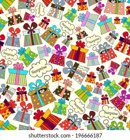 Vector seamless pattern. Endless background with presents for use in design, wallpaper, fabrics, packaging, textile, web page