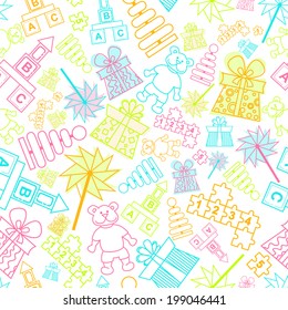 Vector seamless pattern. Endless background with children toys for use in design, wallpaper, fabrics, packaging, textile, web page