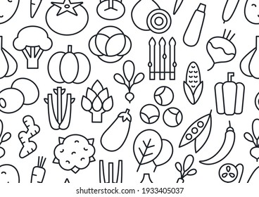 Vector seamless pattern, endless texture with vegetables. Set of isolated linear icons. Contour, shape, outline. Healthy food and vitamins