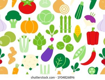 Vector seamless pattern, endless texture with vegetables. Set of flat color icons isolated on white background. Healthy food and vitamins.