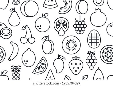 Patrón vectorial sin fisuras, textura interminable con frutos. Conjunto de iconos lineales aislados. Contorno, forma, contorno. Alimentos saludables y vitaminas