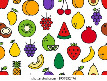 Vector seamless pattern, endless texture with fruits. Set of isolated linear color icons. Contour, shape, outline. Healthy food and vitamins
