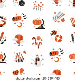 Vector seamless pattern. Endless texture. Weather and seasons background. Scrapbooking paper design. Flat illustrations. Christmas holidays traveling hobbies vacation camping reading love flowers