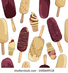 Vector seamless pattern. Endless textures with hand drawn chocolate ice cream. Vector elements in dark chocolate beige creamy colors isolated on a white background. Summer decoration.