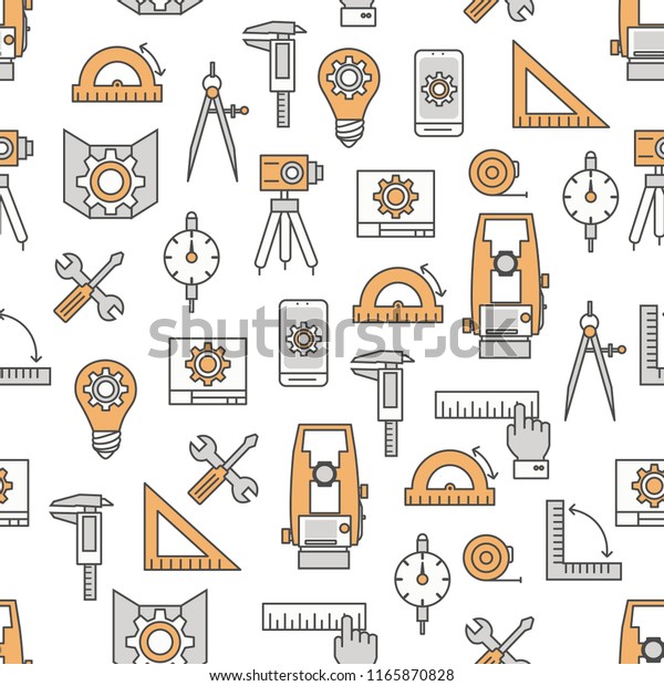 Vector seamless pattern with engineering\
measuring tools and devices. Thin line art flat style design\
engineer background,\
wallpaper.