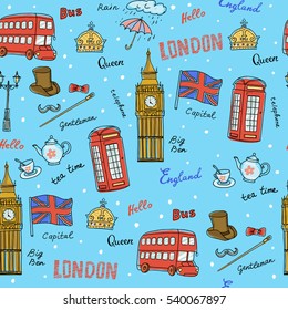 Vector seamless pattern of England symbols,landmarks.Travel icons.Background for use in design, web site, packing, textile, fabric.Pattern with Christmas mood,blue background with snowflakes.


