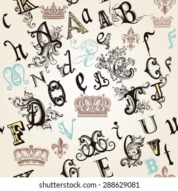 Vector seamless pattern with English ABC in retro style decorated by ornaments and crowns
