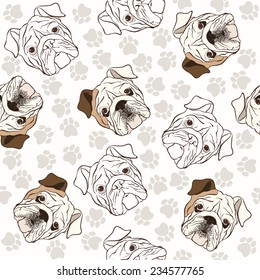 Vector seamless pattern with English Bulldog and traces. 