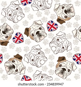 Vector seamless pattern with English Bulldog, traces  and Heart flag. 