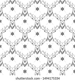 Vector seamless pattern with engraved deer heads. Hand drawn texture with animal portraits with snowflakes on white background.