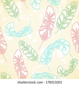 Vector seamless pattern with engraved style feathers. A seamless colorful feather background. Vector illustration/ EPS 10