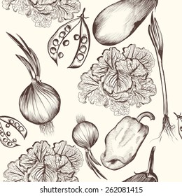 Vector seamless pattern with engraved vegetables