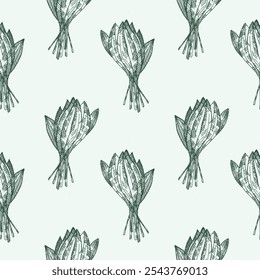 Vector seamless pattern with engraved Wild Garlic Ramson shoots. Hand drawn repeating background with leafy vegetable onion, greens. Food, salad, ingredient, pickles. Design for wrapping, label, paper