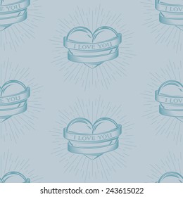 vector seamless pattern with engraving hearts,  ribbons and burst light rays. I love you. Happy Valentines Day