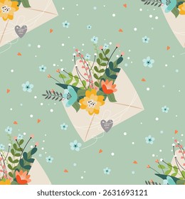Vector Seamless Pattern with Envelopes and Colorful Wildflowers on Light Background, Gift Tags Included – Cute Decorative Floral Design for Kids, Business, Holidays and Seasonal Projects