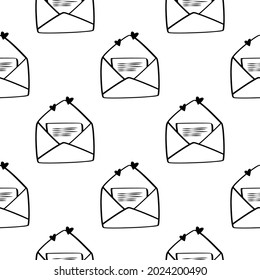 Vector seamless pattern with envelopes and hearts. Black and white love letters background.