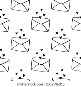 Vector seamless pattern with envelopes and hearts. Black and white love letters background.