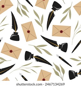 Vector seamless pattern with envelopes and ink