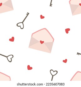 Vector seamless pattern with envelopes, red hearts and keys for St Valentines day. Valentines day pattern design
