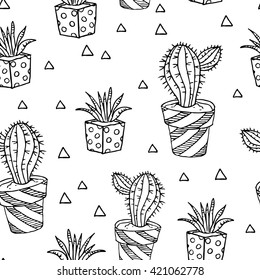 Vector seamless pattern. Vector EPS10 background. Cactus and succulent in pots with triangles. Boho pattern. Outline for coloring book.