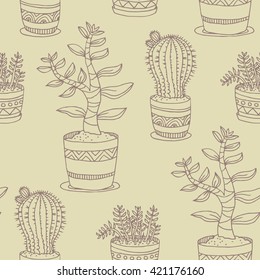 Vector seamless pattern. Vector EPS10 background. Cactus and succulent in pots. Boho pattern for textile and wrapping paper.