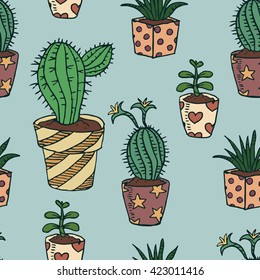 Vector seamless pattern. Vector EPS10 background. Cactus and succulent in pots. Colored boho background. For textile and wrapping paper.