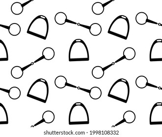 Vector seamless pattern of equestrian horse riding bit and stirrup isolated on white background