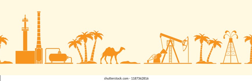 Vector seamless pattern with equipment for oil production, refinery plant, camel, palm trees. Heading or footer banner. Design for wrapping, fabric, poster or print.